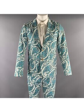 MR TURK Chest Size 40 White Blue Paisley Cotton Blend Notch Lapel 34 28 Suit